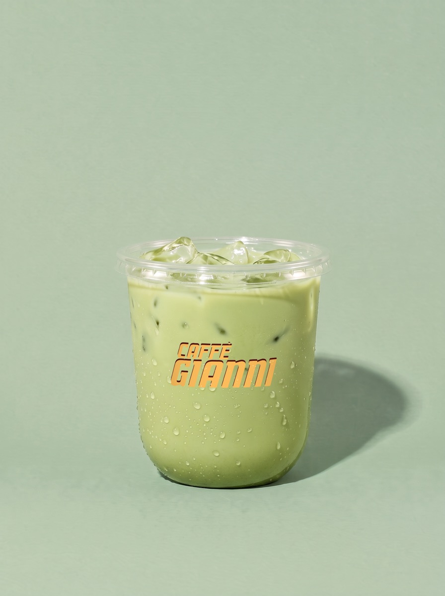 MATCHA LIME PIE, a silky light green drink over ice with a sip lid, in a Caffè Gianni cup